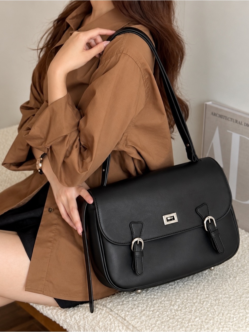 Structured Black Satchel Crossbody Bag — Silver Hardware